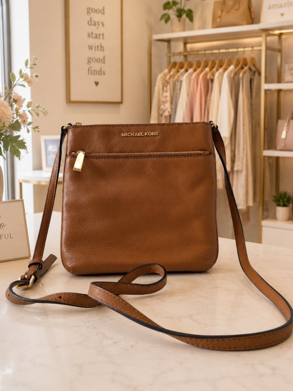 Michael Kors Brown Leather Crossbody Bag with Exterior Pocket
